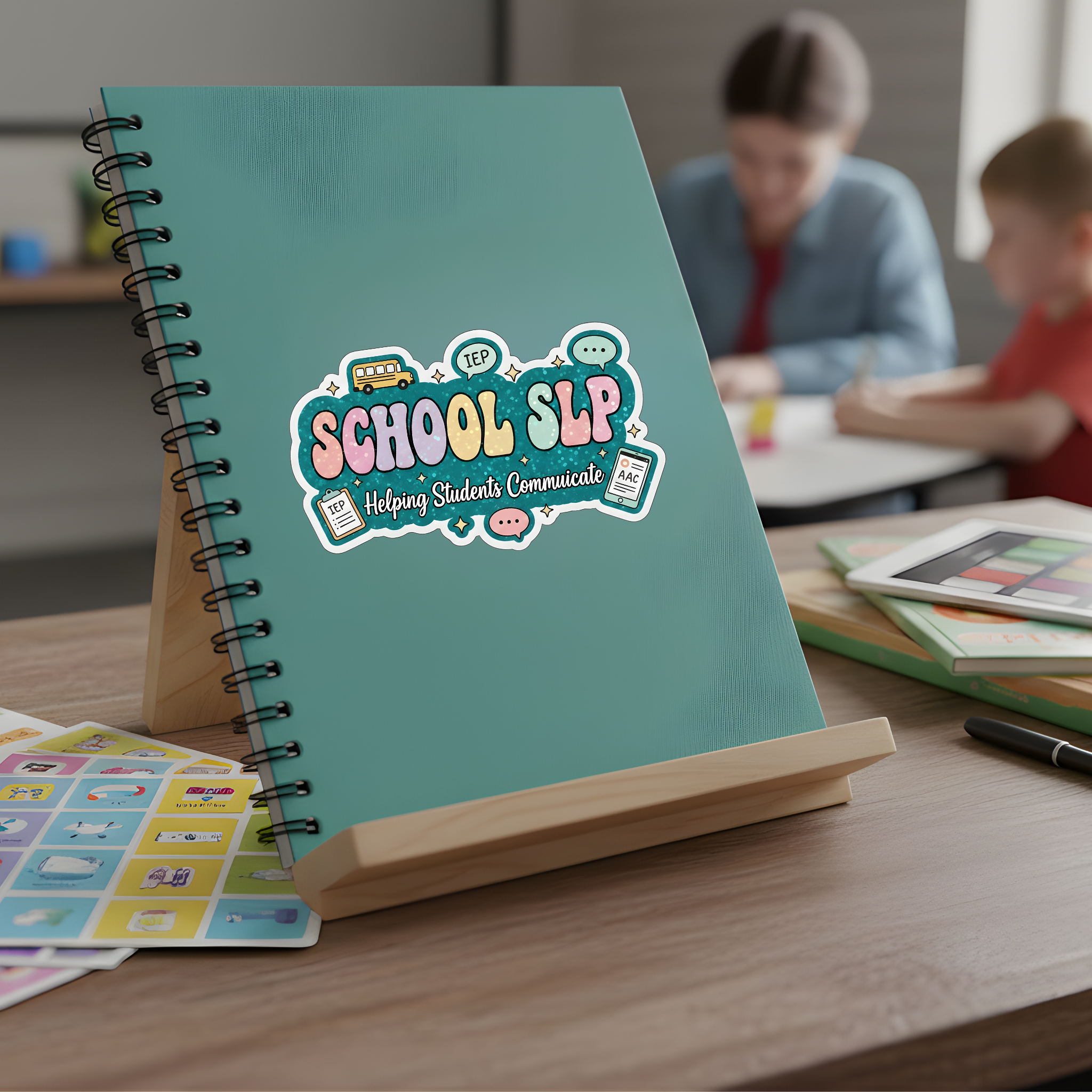 School SLP Sticker – Helping Students Communicate| School bus, chat bubble & AAC