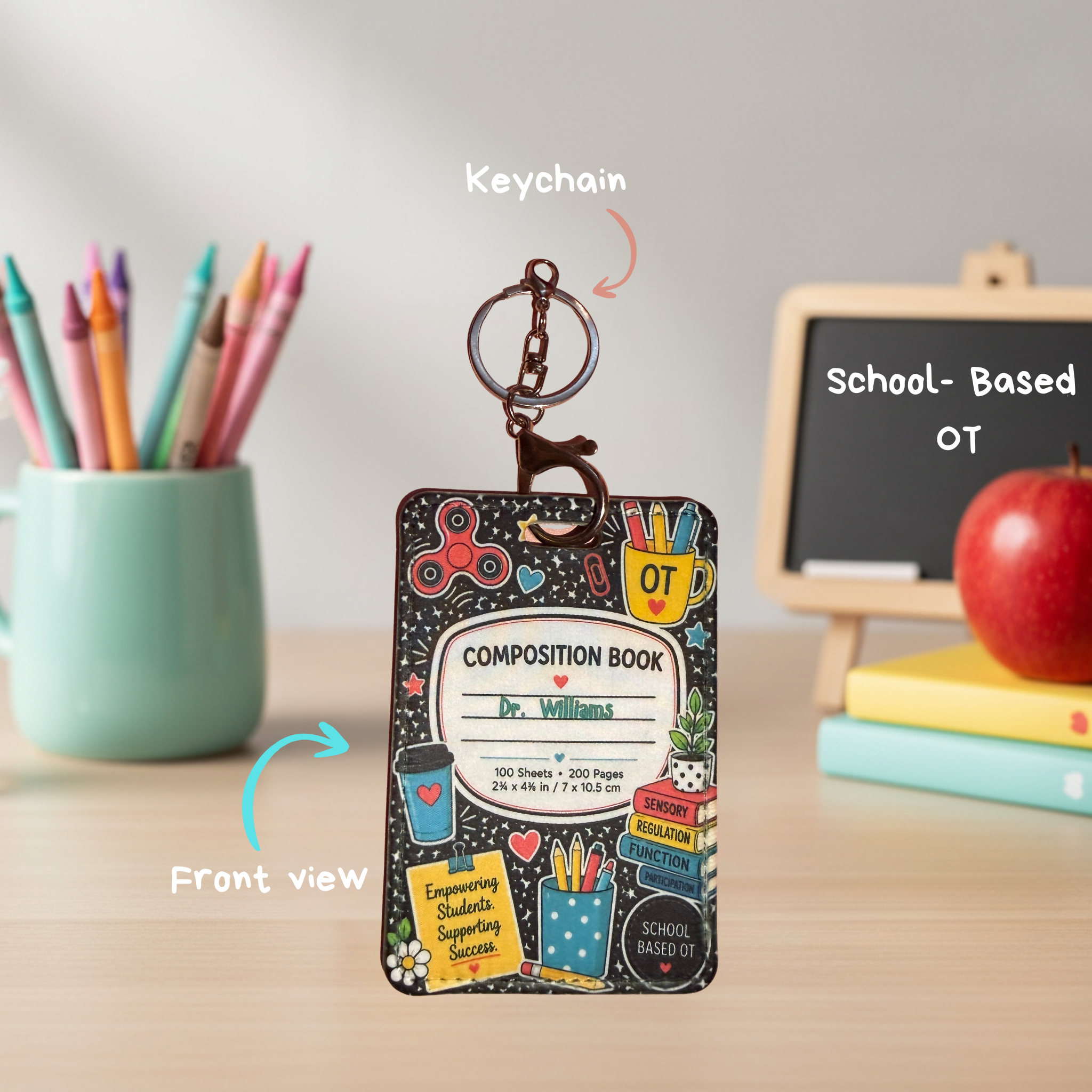 Personalized School-Based OT Leather Badge Holder with Keychain