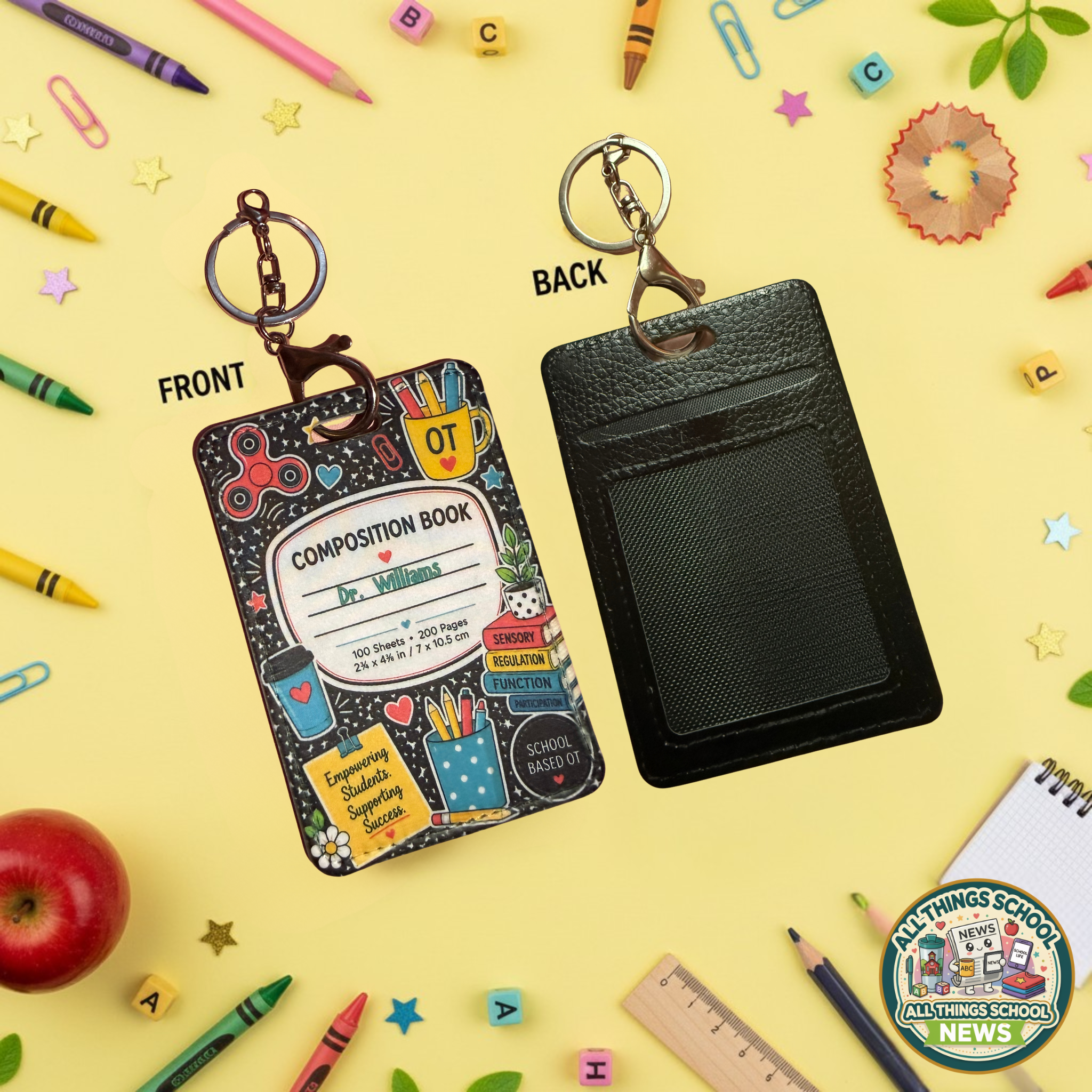 Personalized School-Based OT Leather Badge Holder with Keychain