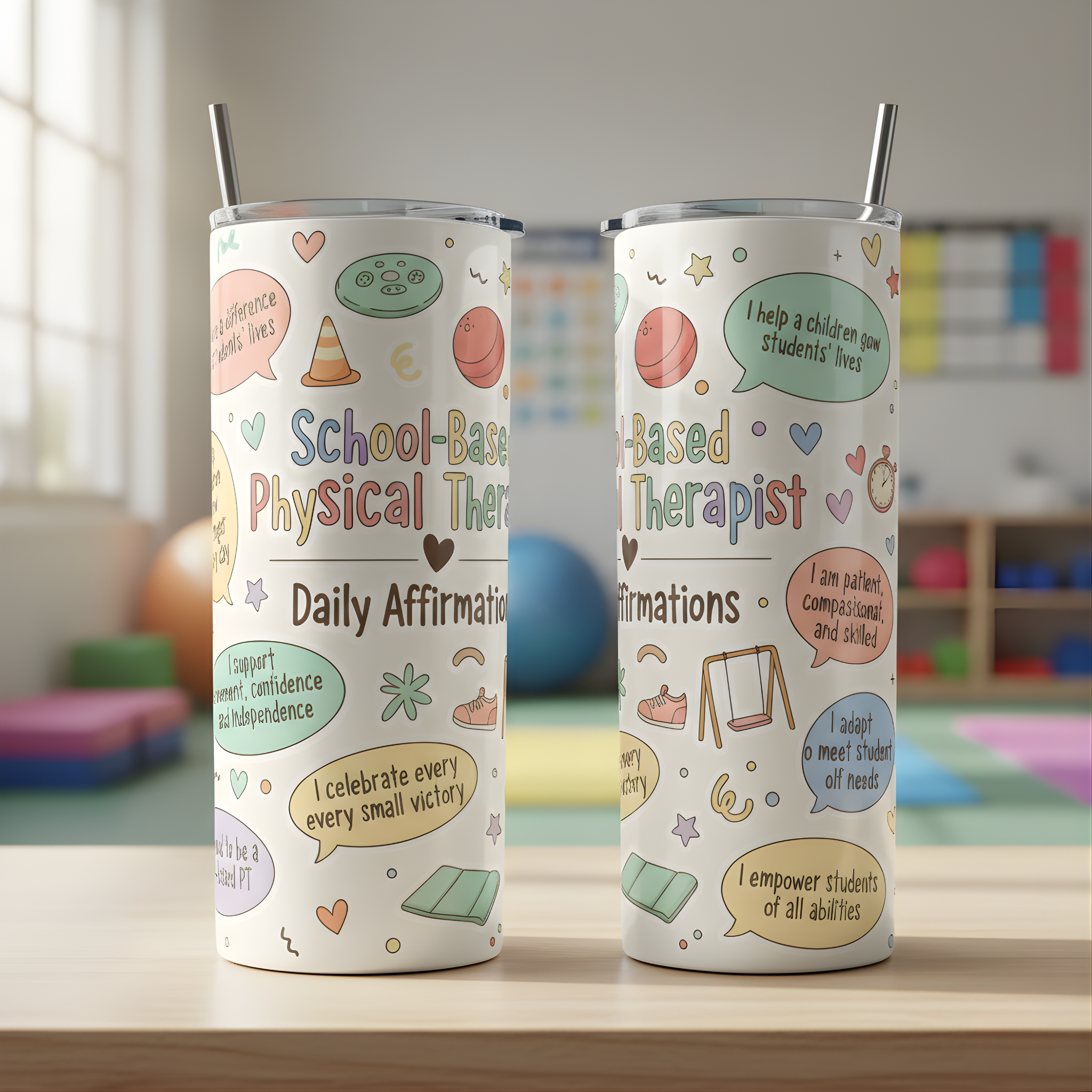 School-Based Physical Therapist Daily Affirmations 20oz Skinny Tumbler | Colorful PT Gift | Inclusive School Therapy Design