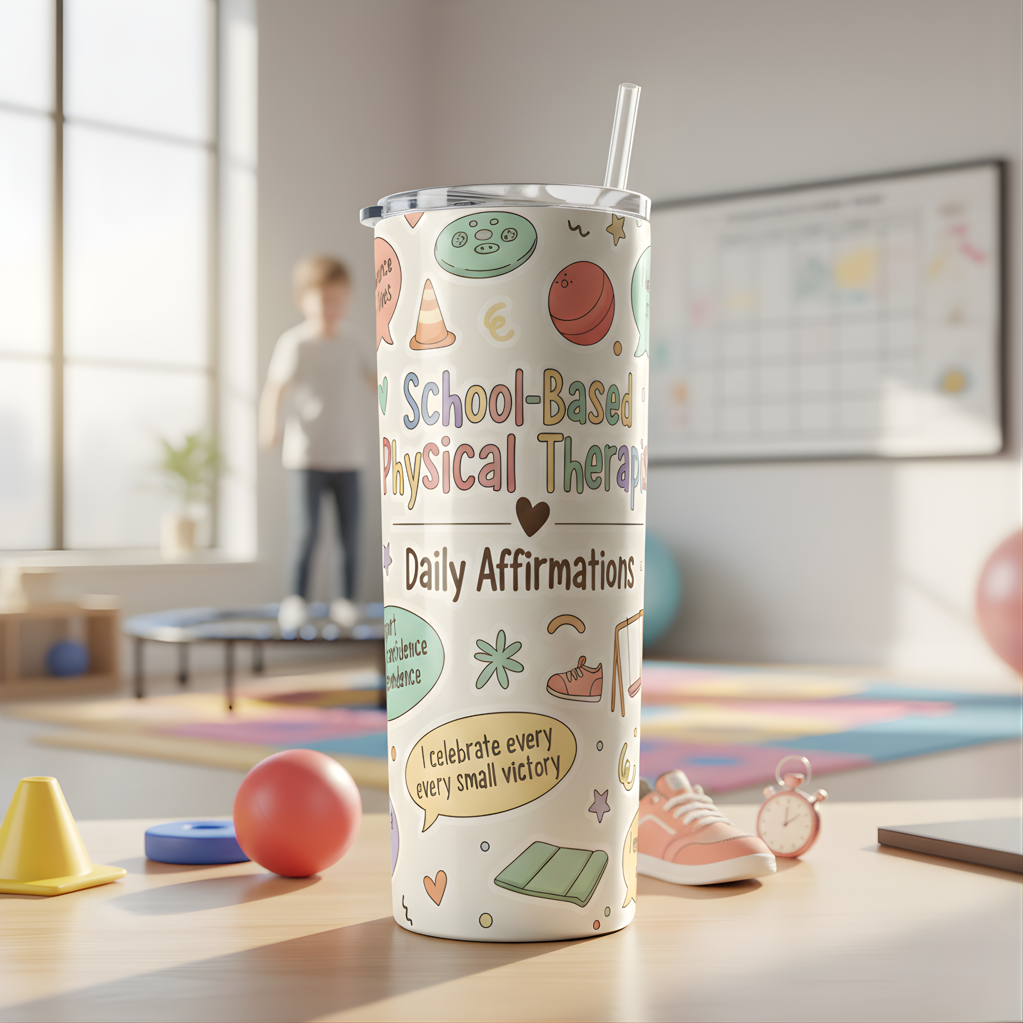 School-Based Physical Therapist Daily Affirmations 20oz Skinny Tumbler | Colorful PT Gift | Inclusive School Therapy Design
