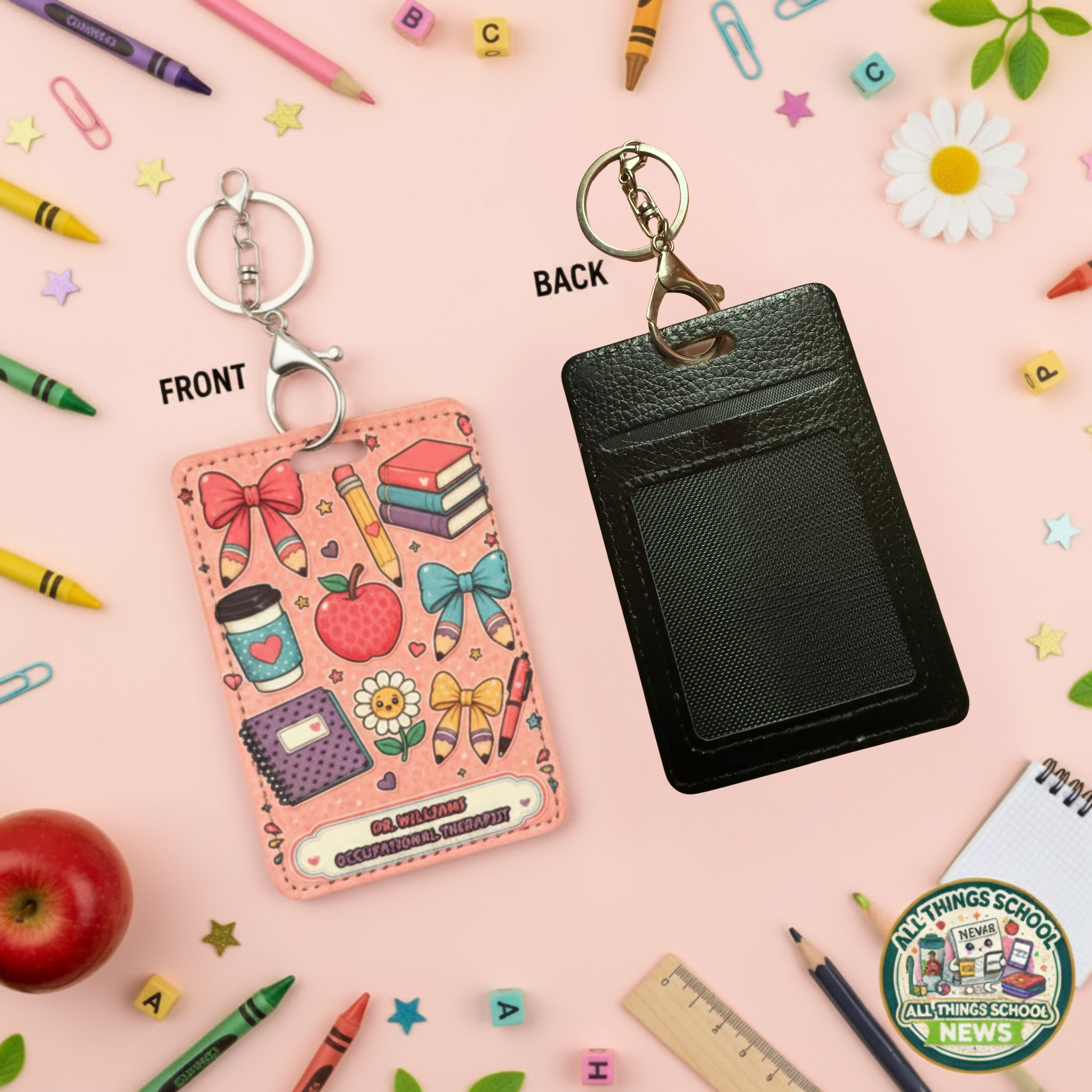 Personalized School-Based OT Pink Kawaii Badge Holder with Keychain