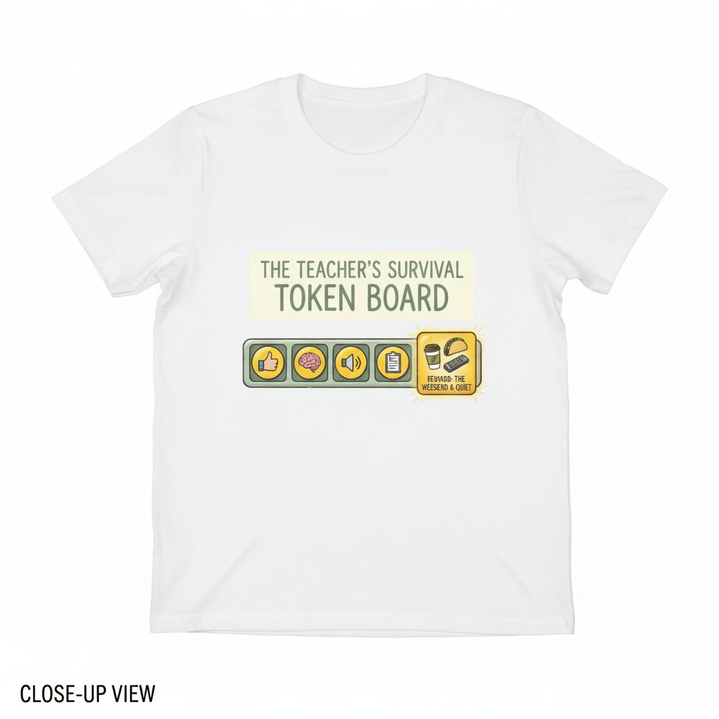 Close-Up View – Teacher's Survival Token Board T-Shirt