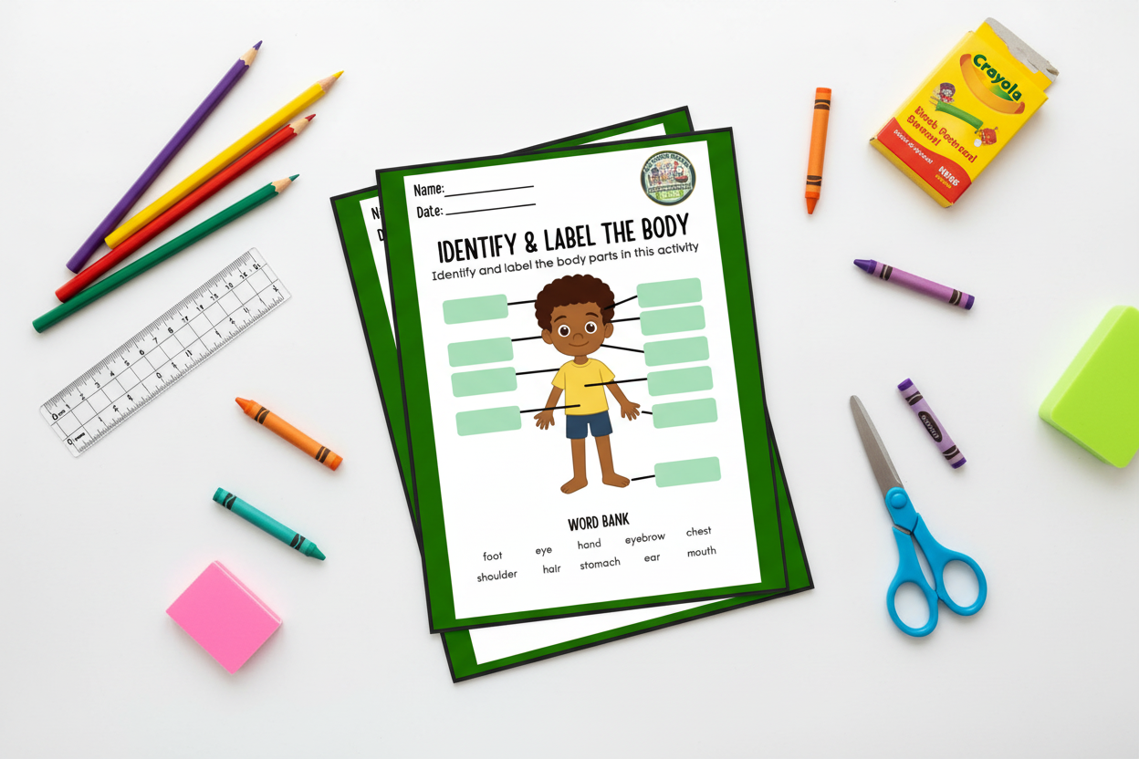Flat lay mockup with boy worksheet