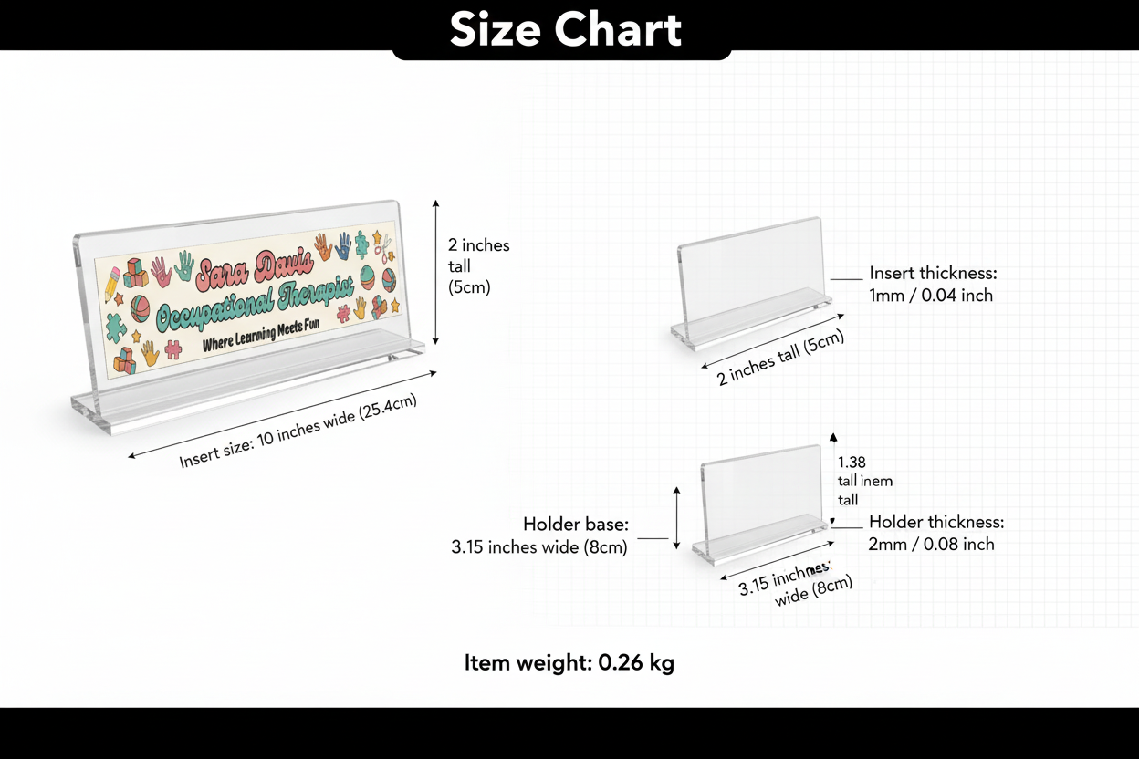 Size chart infographic for personalized acrylic desk name plate with dimensions
