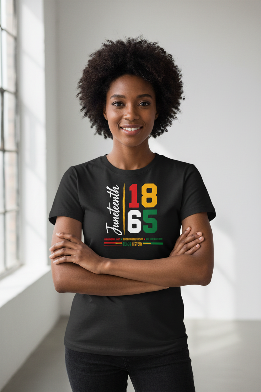 Black woman wearing Juneteenth 1865 t-shirt studio mockup
