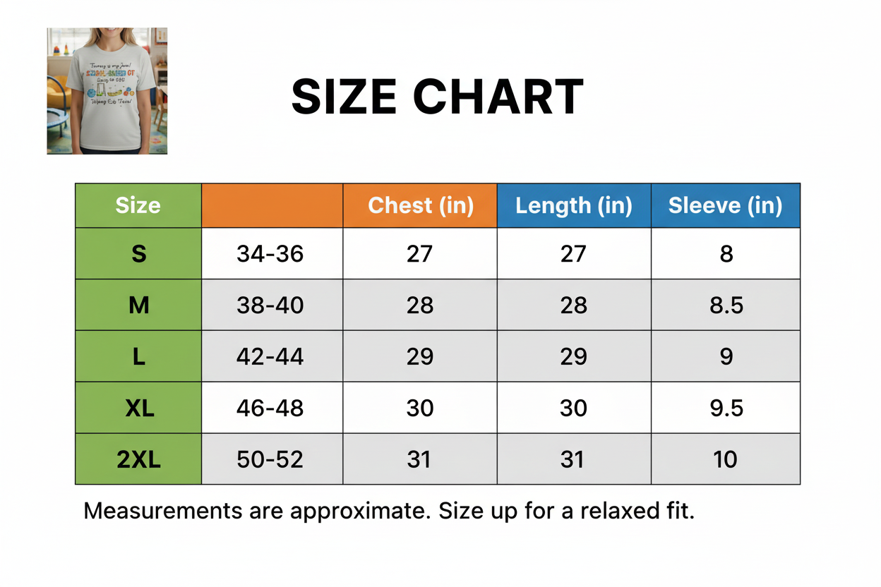 Size Chart S-2XL – with shirt preview