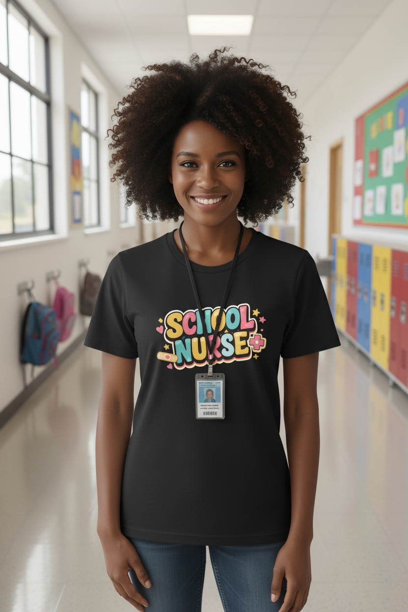 School nurse wearing colorful bubble font black tee in school hallway