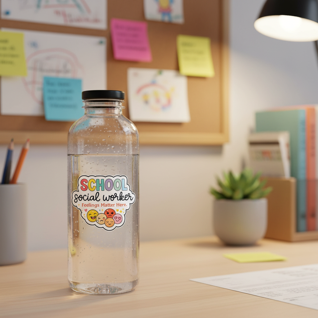 School Social Worker Feelings Matter Sticker on water bottle at office desk