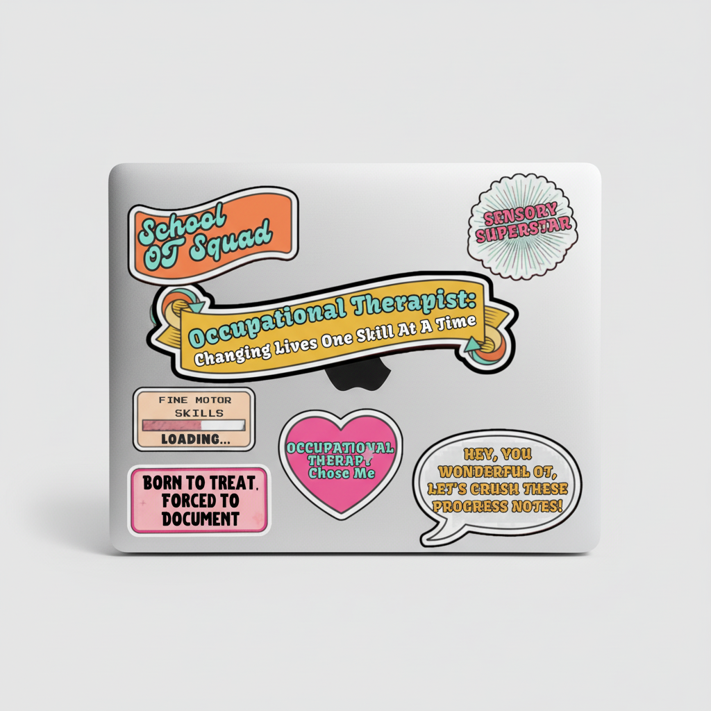 School OT stickers on laptop lid mockup
