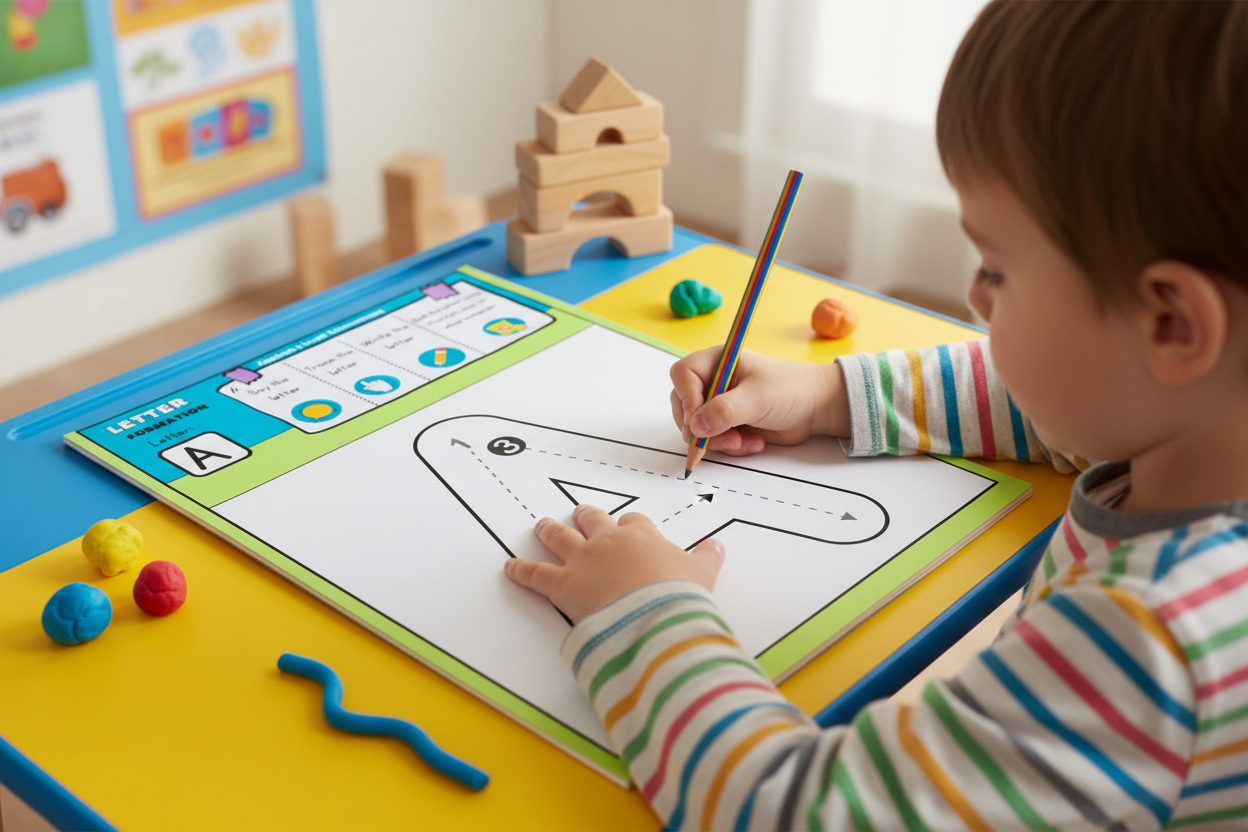 Child tracing letter A in the Alphabet Formation workbook at school desk