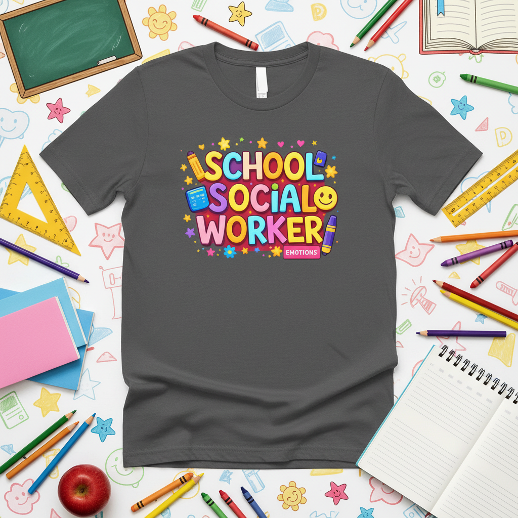 School Social Worker Essential Tee - School supplies flat lay
