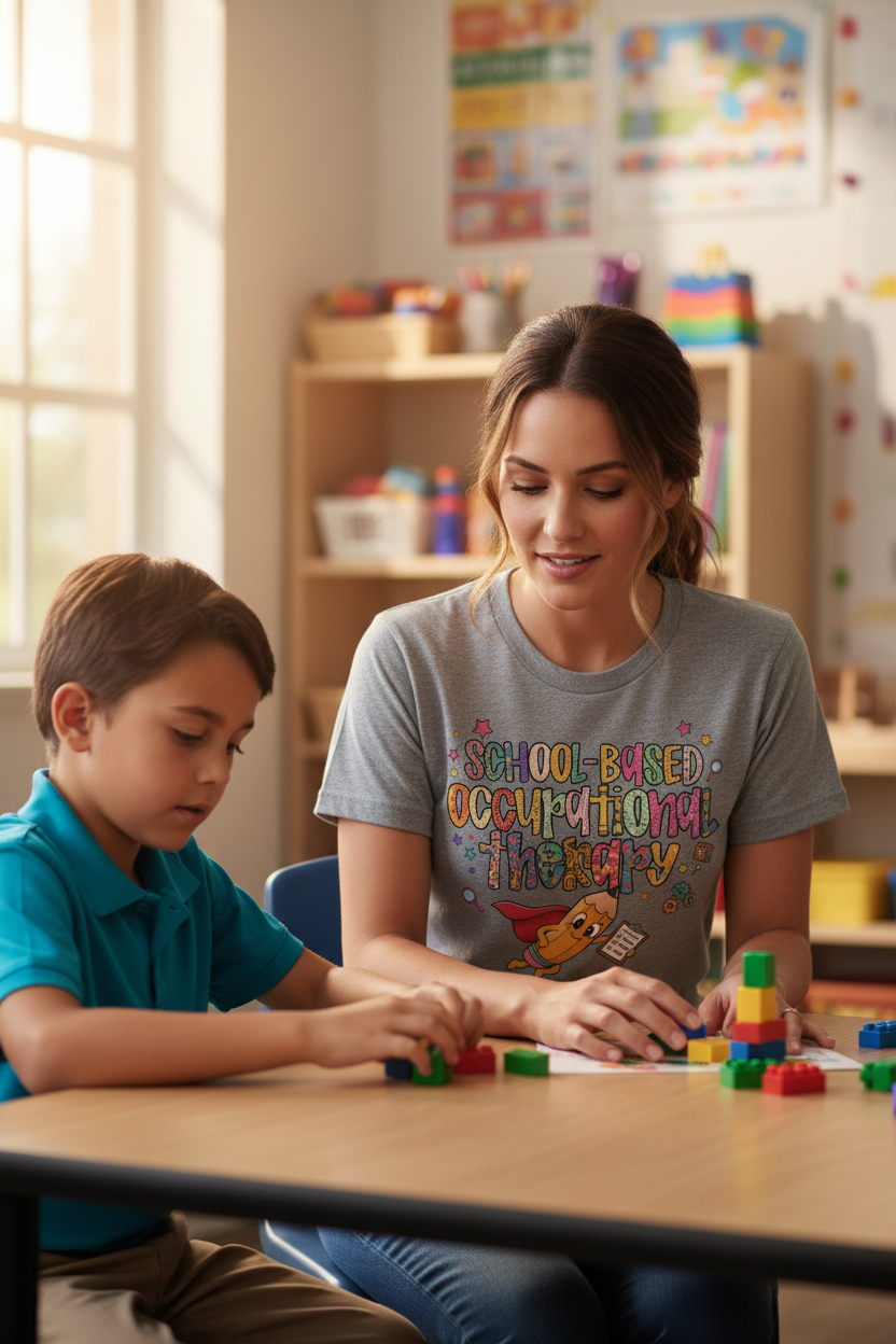 Realistic Mockup – Teacher at table in gray Super OT shirt