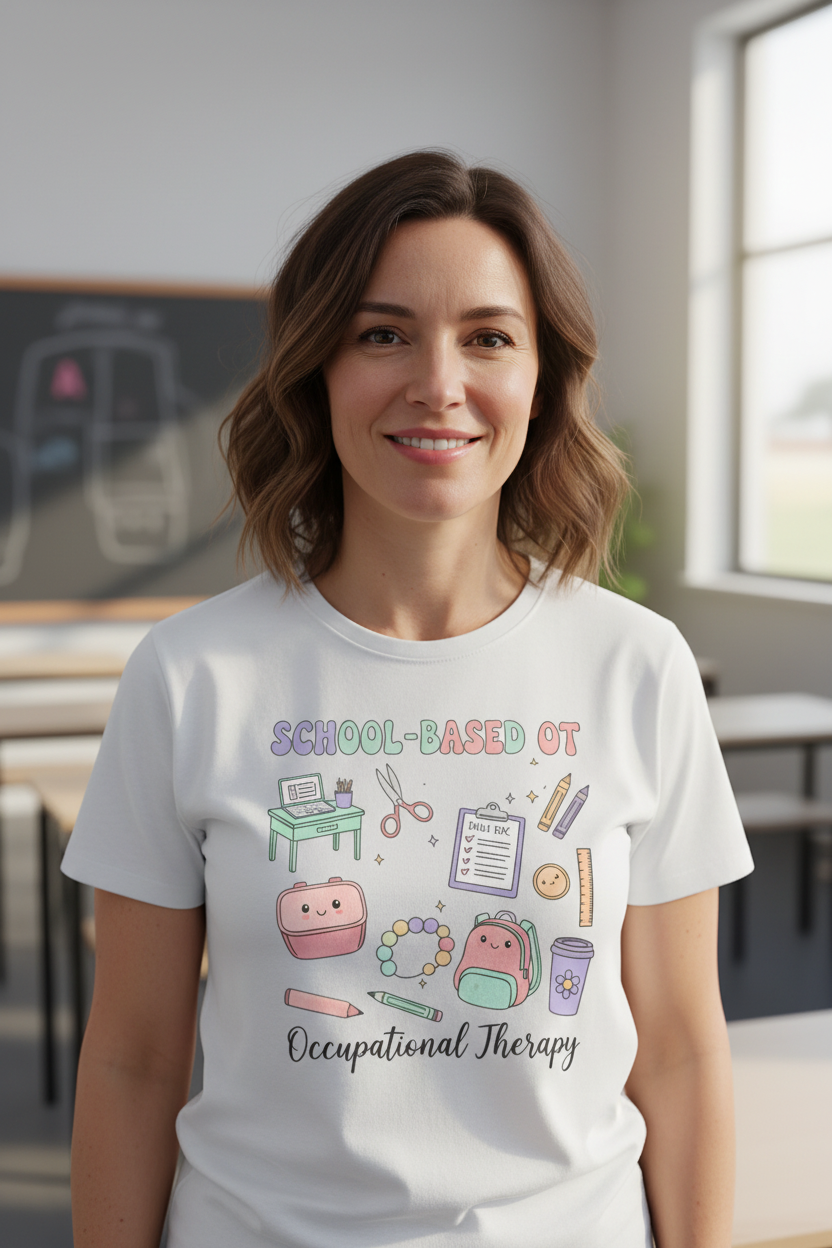 Teacher standing in classroom wearing School-Based OT shirt