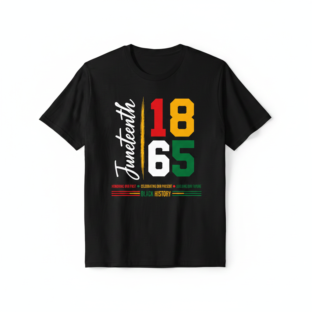 Juneteenth 1865 Black T-Shirt flat lay mockup