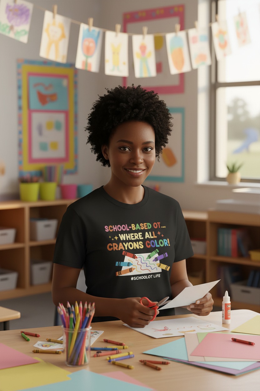 Mockup 2 – Teacher at table wearing Where All Crayons Color shirt