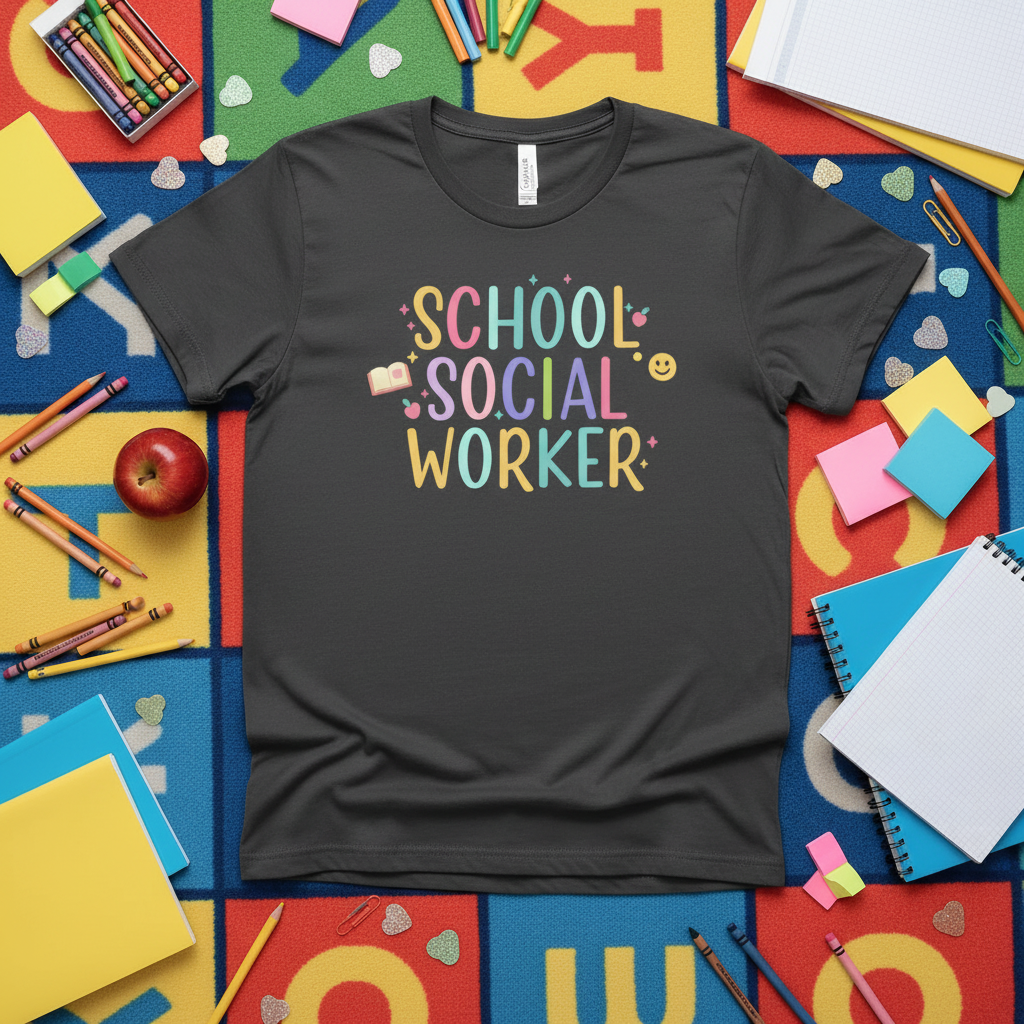 Cute School Social Worker T-shirt - Flat lay with school supplies