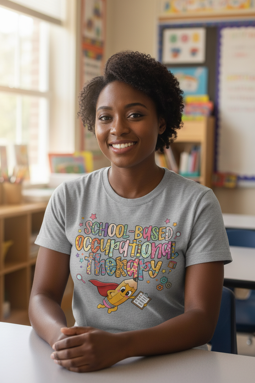 Black woman teacher sitting in gray Super OT shirt
