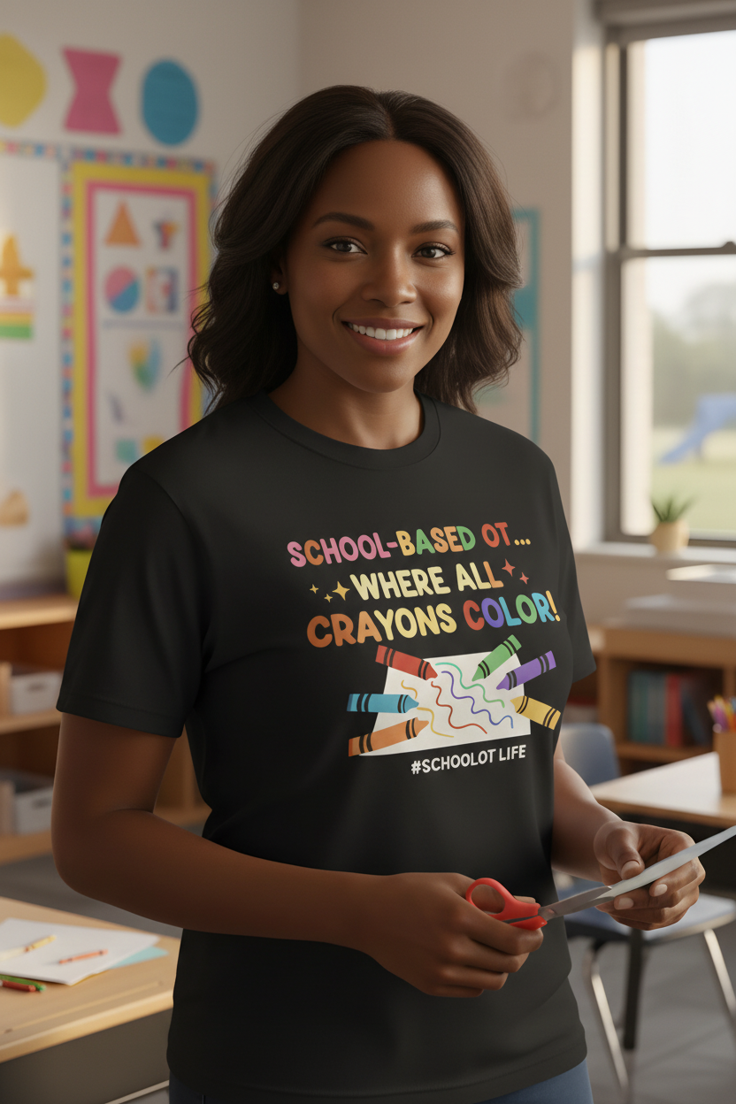 Mockup 1 – Teacher standing in classroom wearing Where All Crayons Color shirt