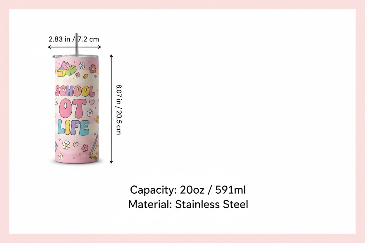 School OT Life Tumbler – Size chart 2.83in W x 8.07in H 20oz