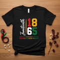 Juneteenth 1865 black t-shirt styled flat lay mockup