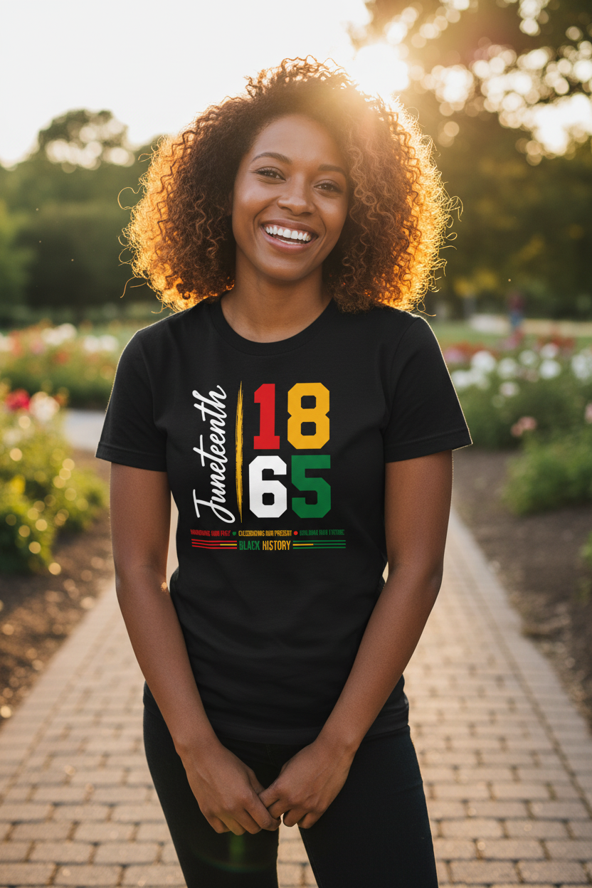 Black woman wearing Juneteenth 1865 t-shirt outdoor golden hour mockup