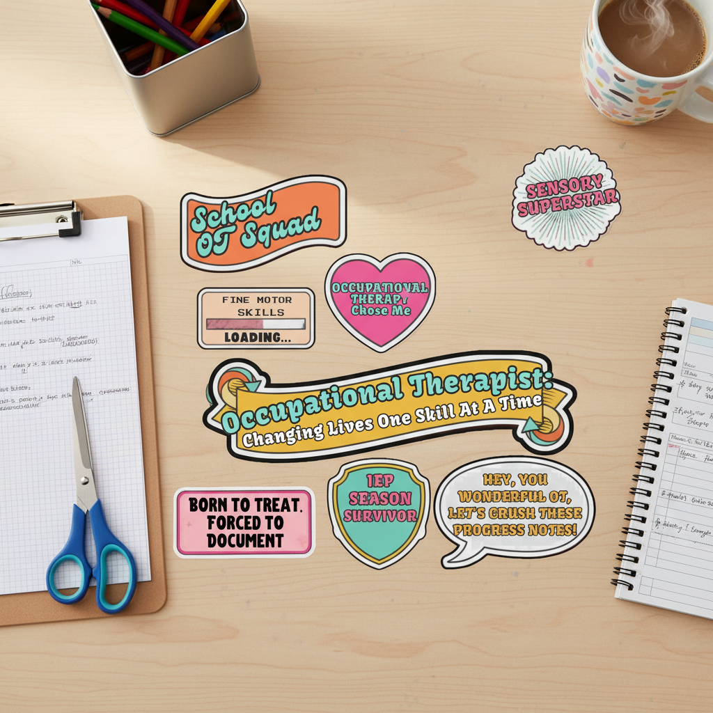 All 8 School OT stickers flat lay on desk mockup