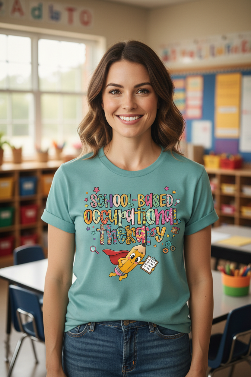 Realistic Mockup – Teacher standing in teal Super OT shirt