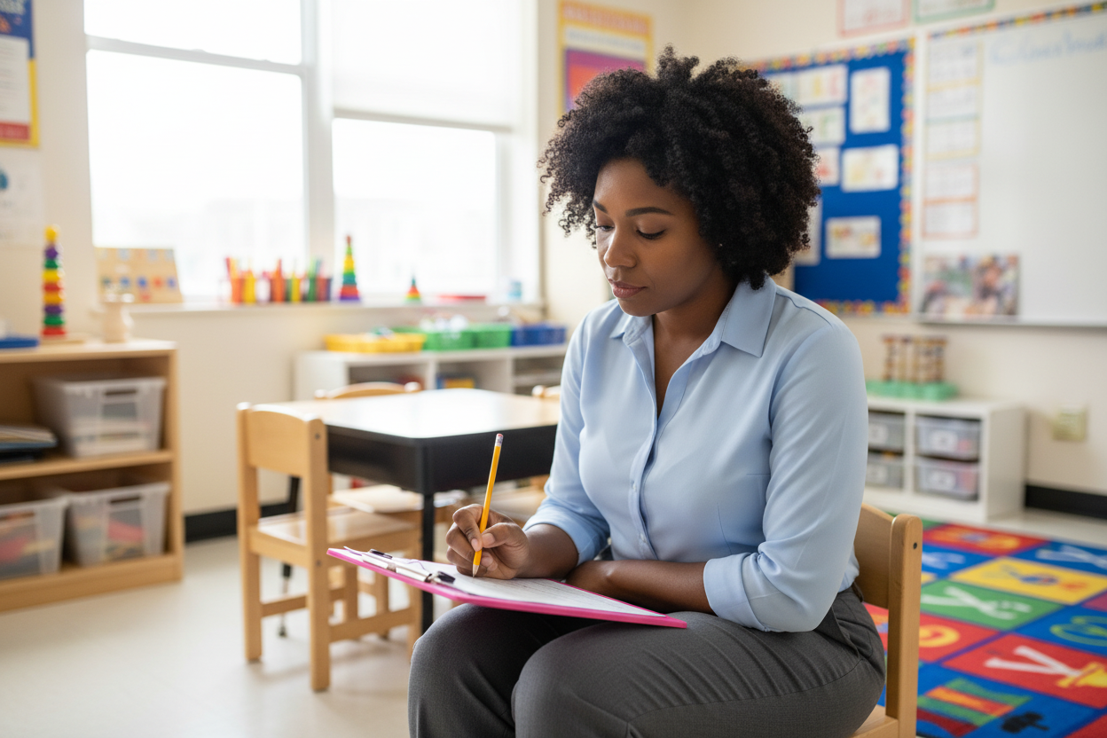 Black woman therapist at school desk reviewing pink OT screening clipboard