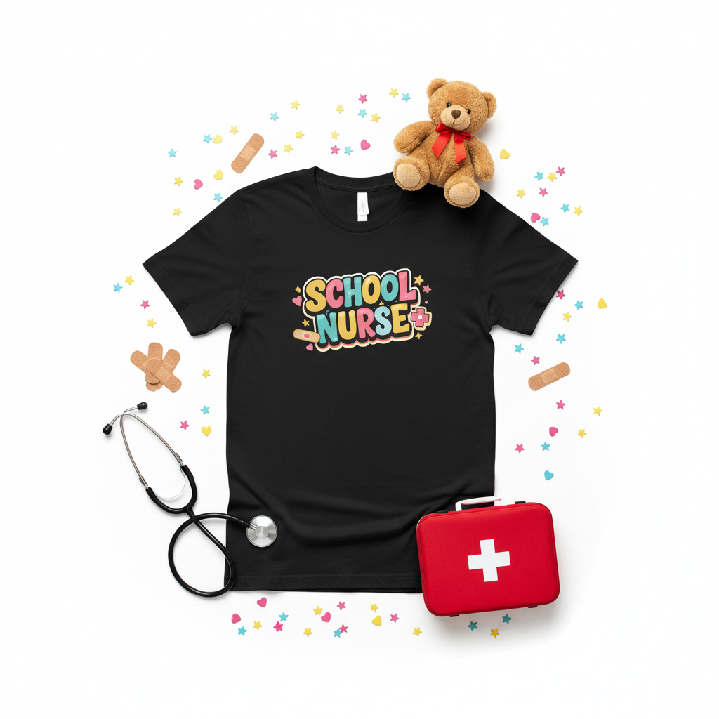 School Nurse black tee flat lay with nurse props