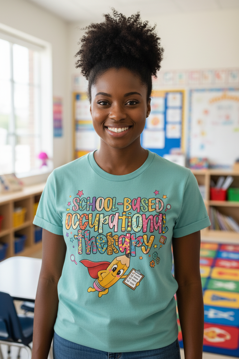 Black woman teacher standing in teal Super OT shirt