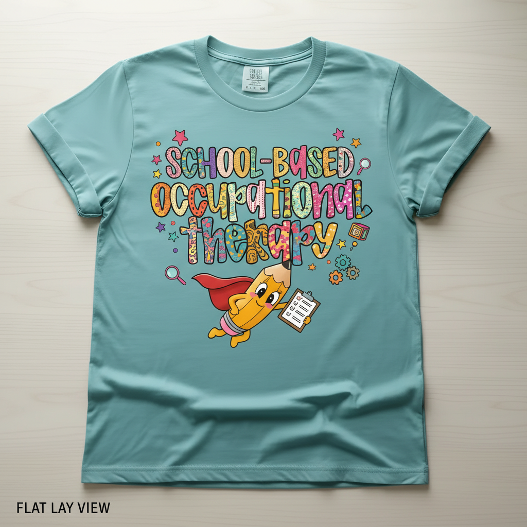Flat Lay View – Super OT Superhero Pencil teal shirt overhead