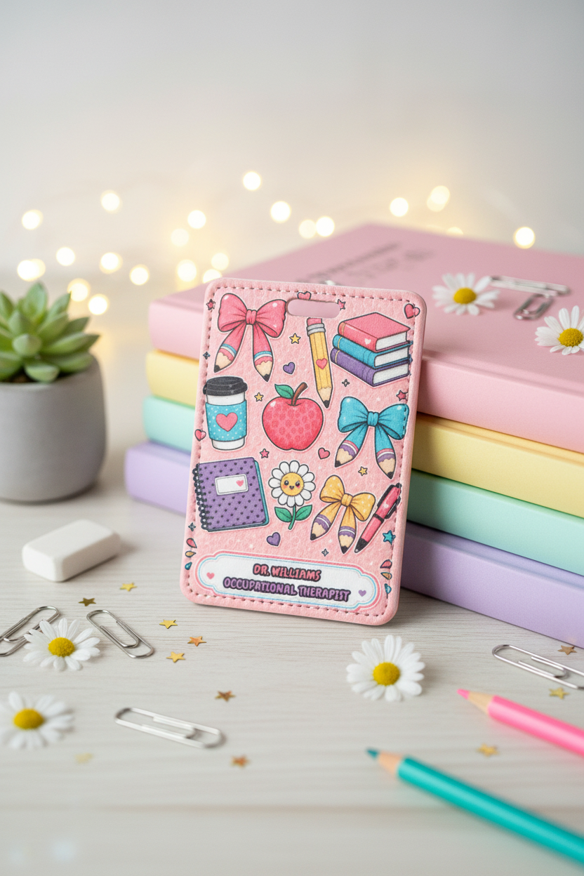 Pink Kawaii OT Badge Holder - Bokeh Books Lifestyle
