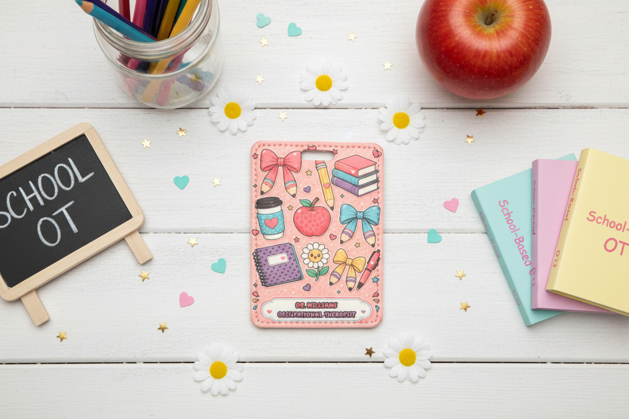 Pink Kawaii OT Badge Holder - School OT Chalkboard & Books