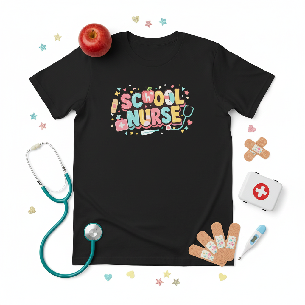 School Nurse black tee - flat lay