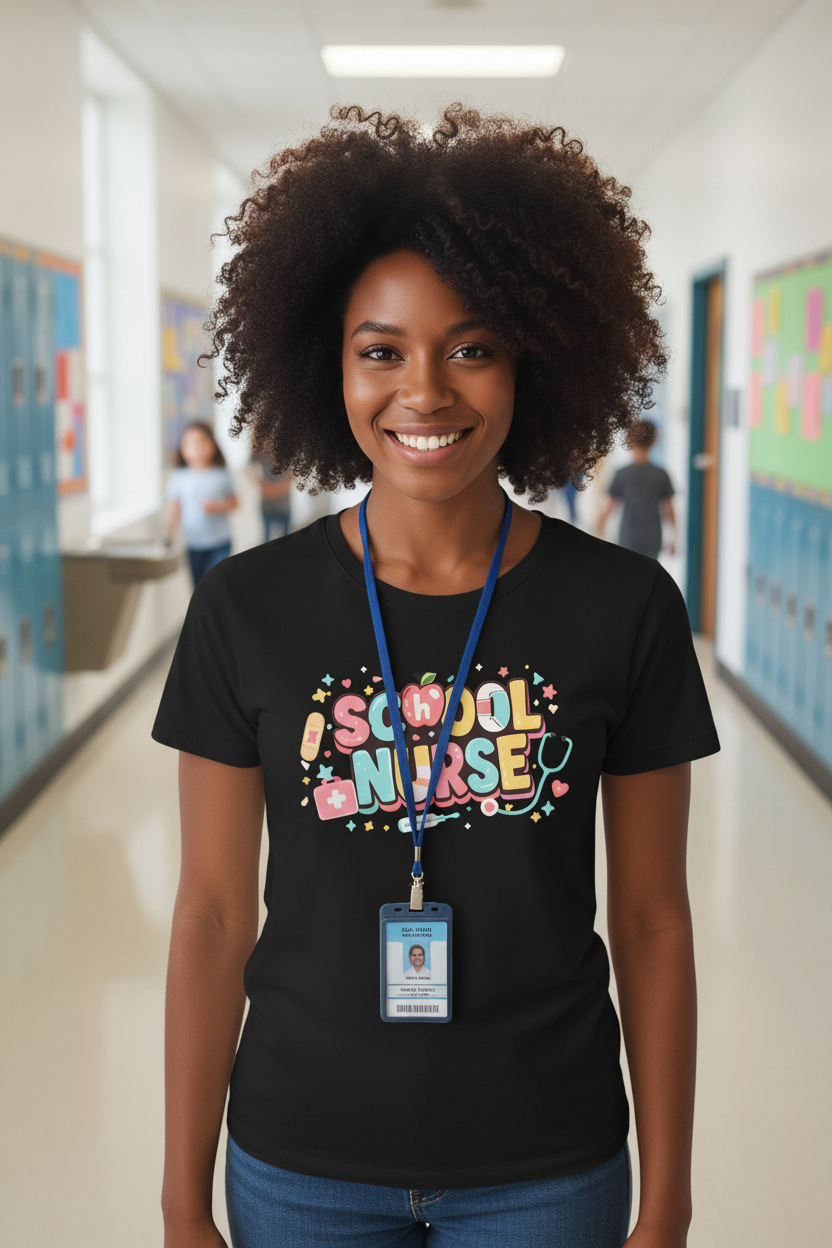 School Nurse black tee - hallway lifestyle