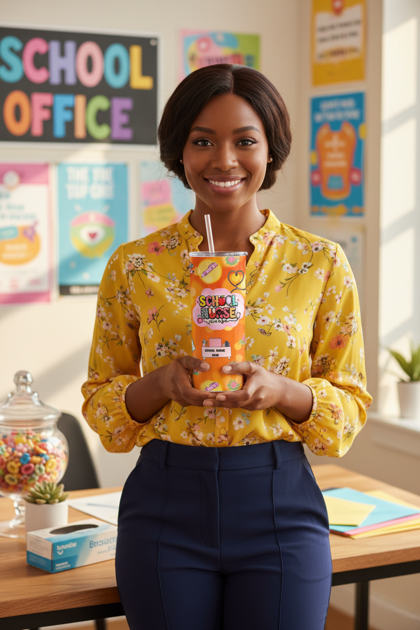 School Nurse holding exact tumbler design