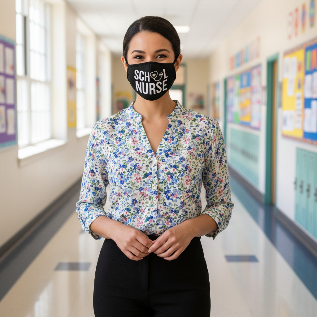 School Nurse mask - floral blouse hallway