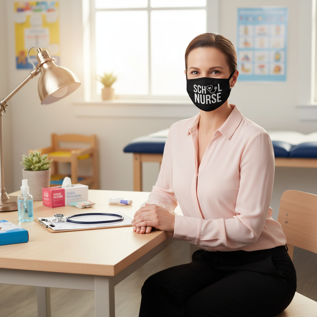 School Nurse mask - pink blouse at desk