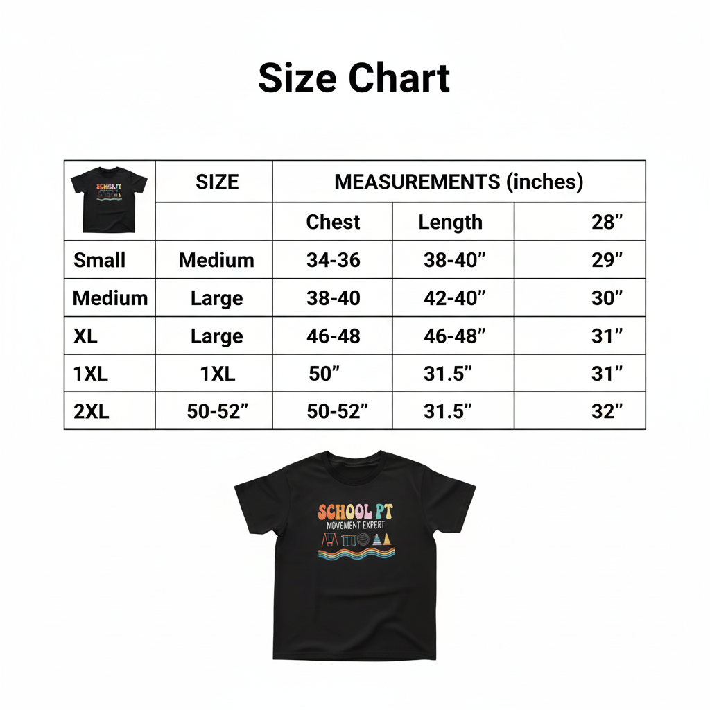 Size chart all 6 sizes