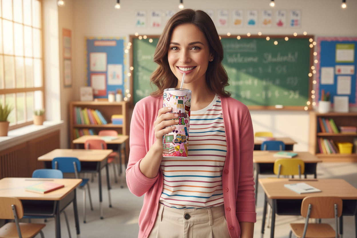 Teacher Drinking from Tumbler in Classroom