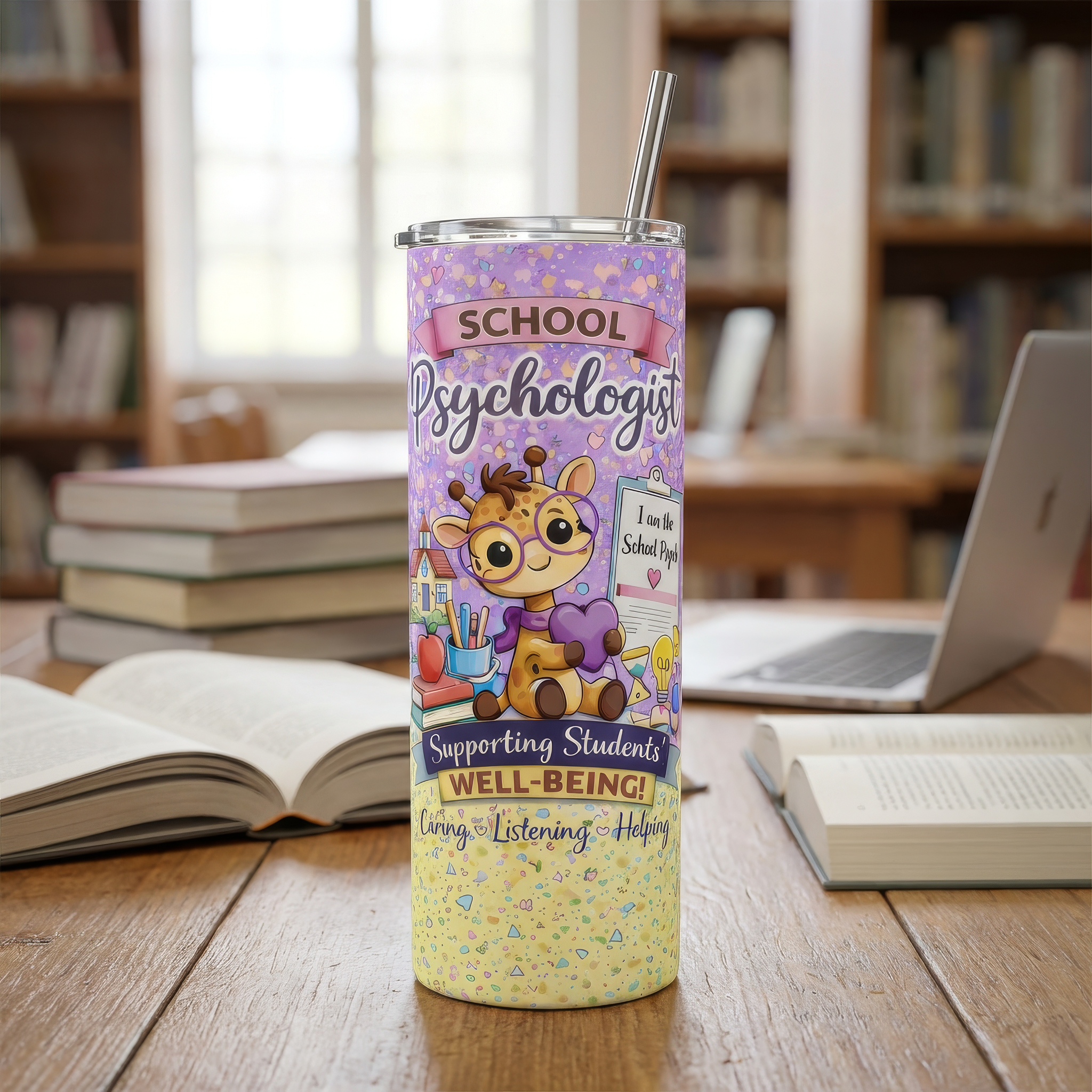 20 oz skinny tumbler mockup on library table with School Psychologist Supporting Students' Well-Being wrap