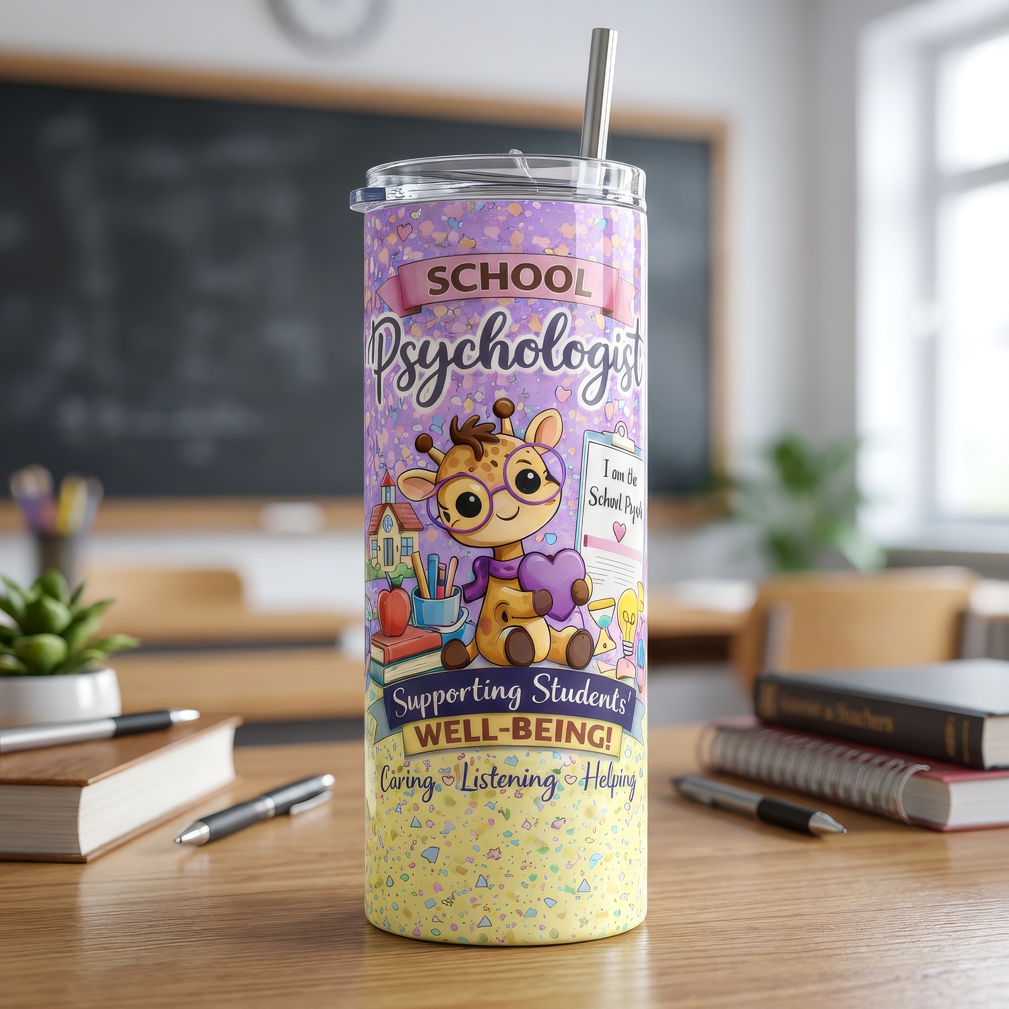 20 oz skinny tumbler mockup on teacher desk with School Psychologist Supporting Students' Well-Being wrap