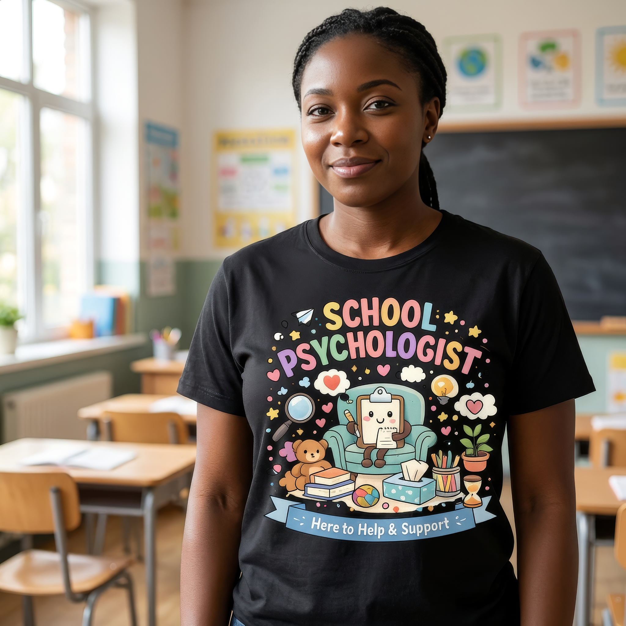Black woman wearing black School Psychologist Here to Help & Support graphic t-shirt 3/4 angle in classroom