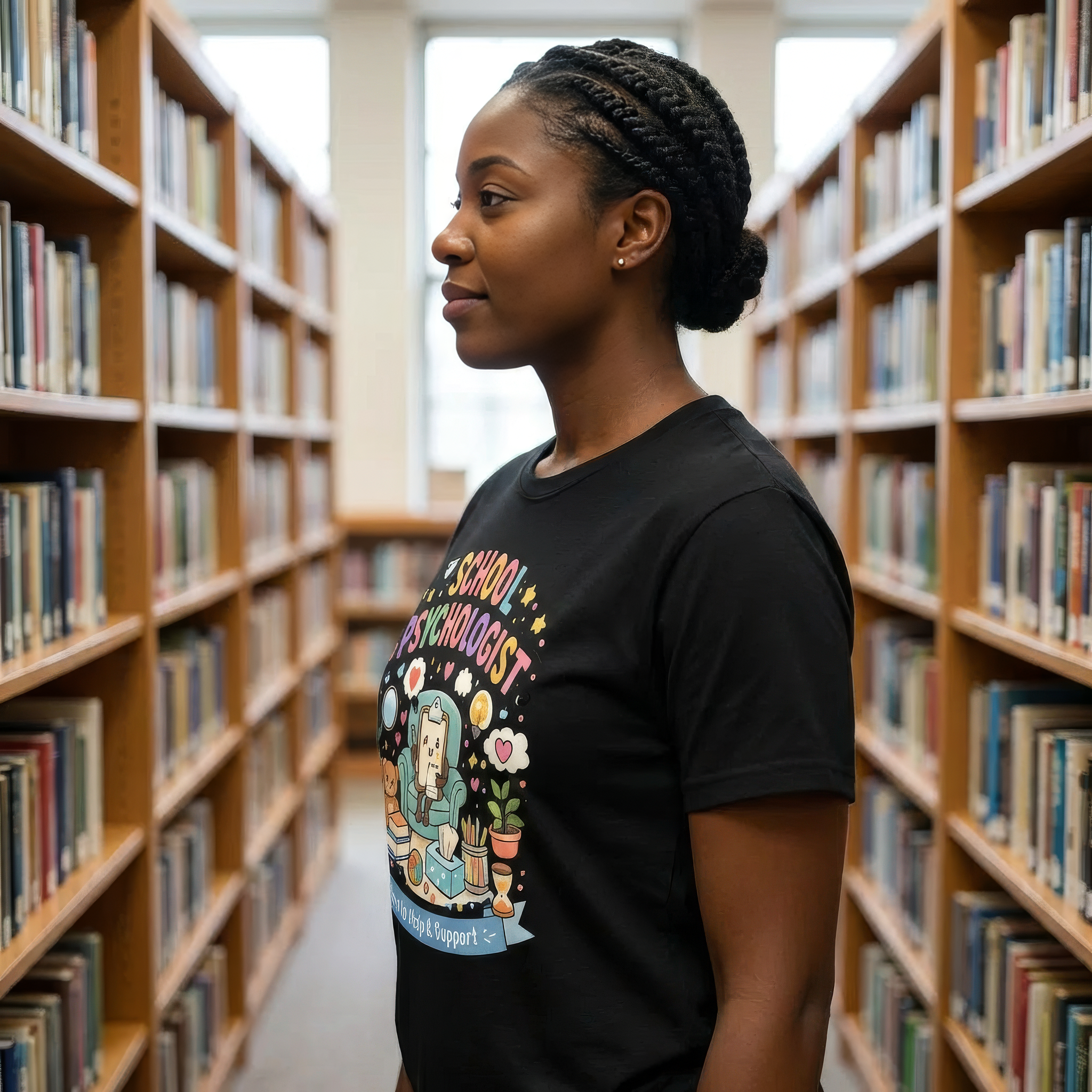 Black woman wearing black School Psychologist Here to Help & Support graphic t-shirt side profile in school library aisle