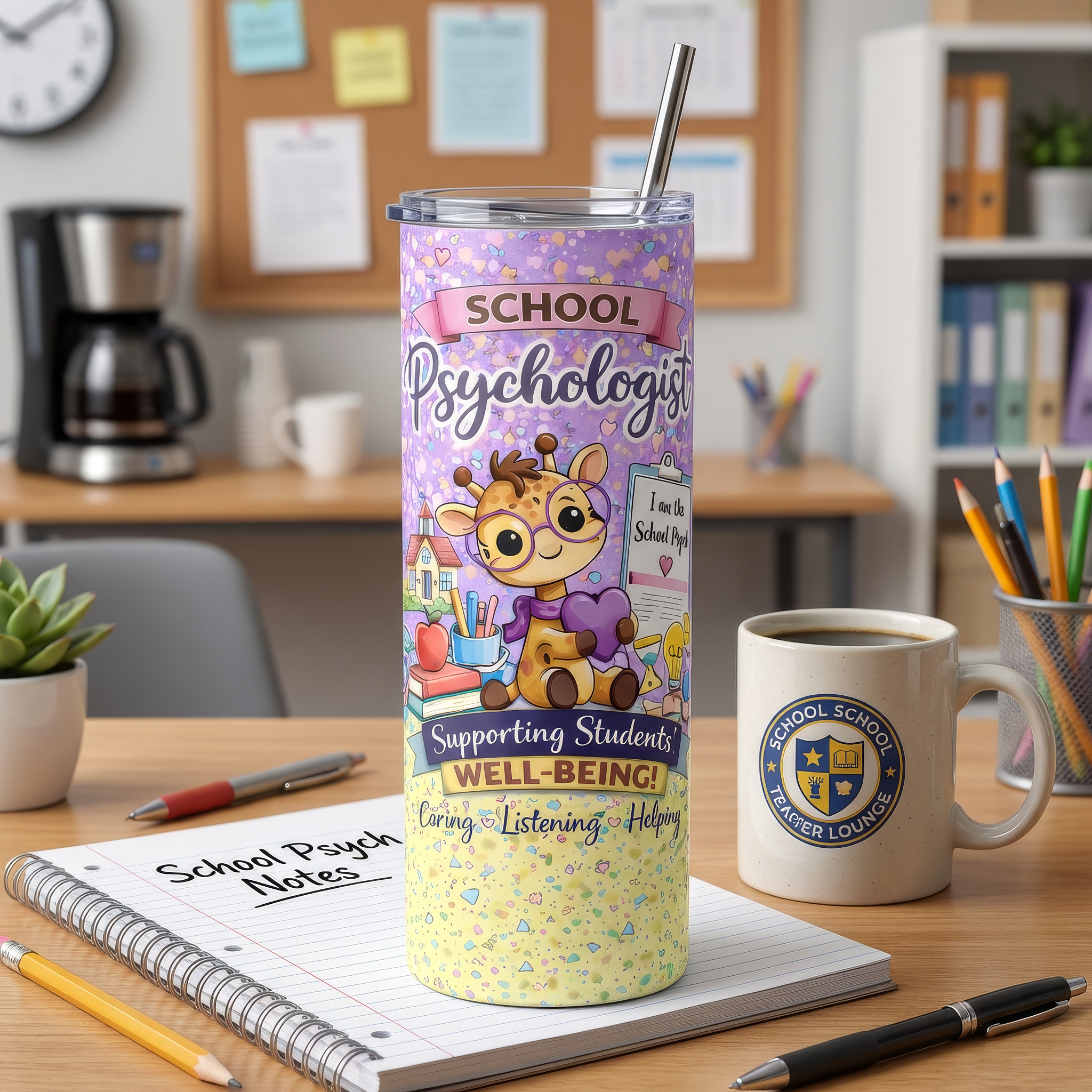 20 oz skinny tumbler mockup in teacher lounge with School Psychologist Supporting Students' Well-Being wrap