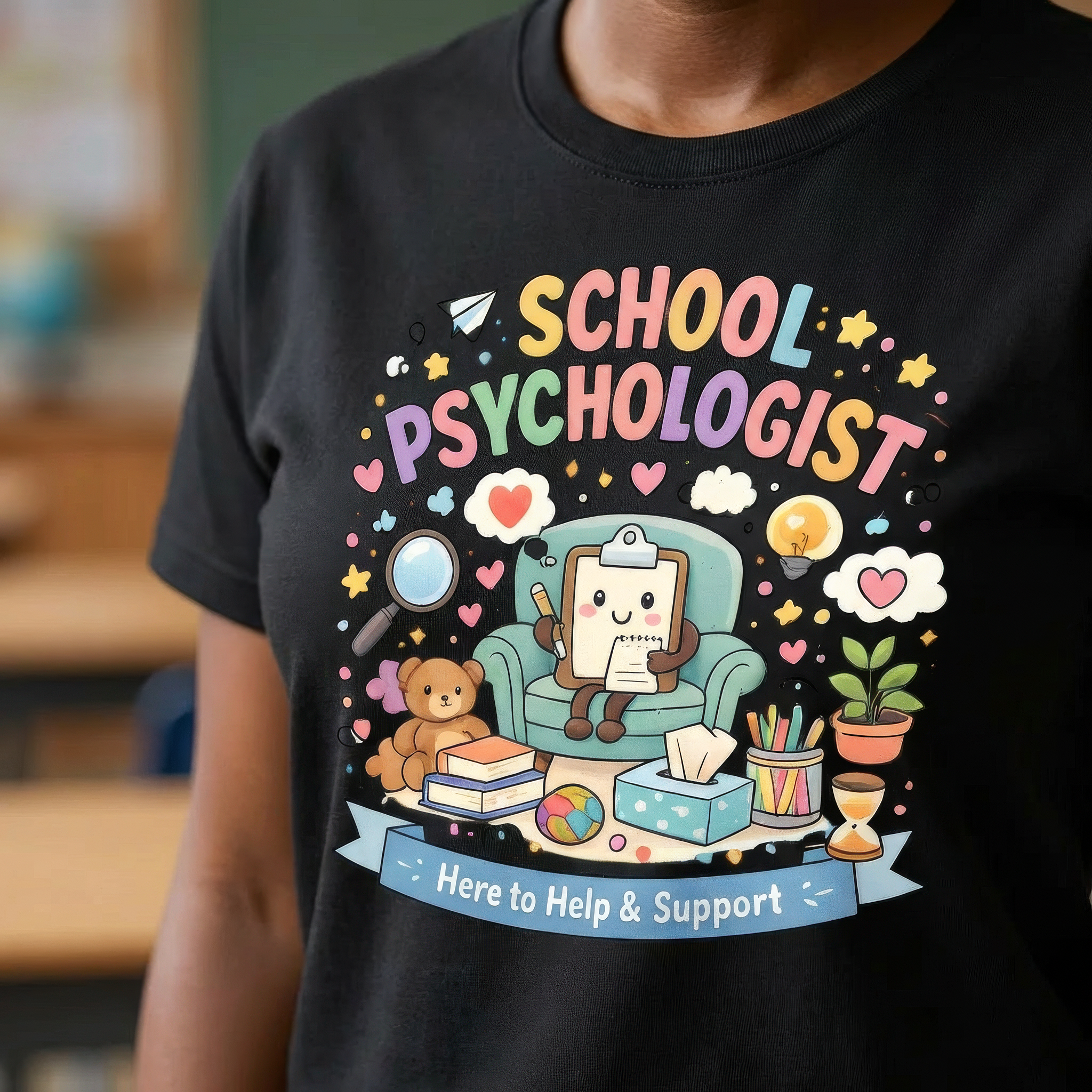 Close-up of School Psychologist Here to Help & Support graphic print on black t-shirt showing texture