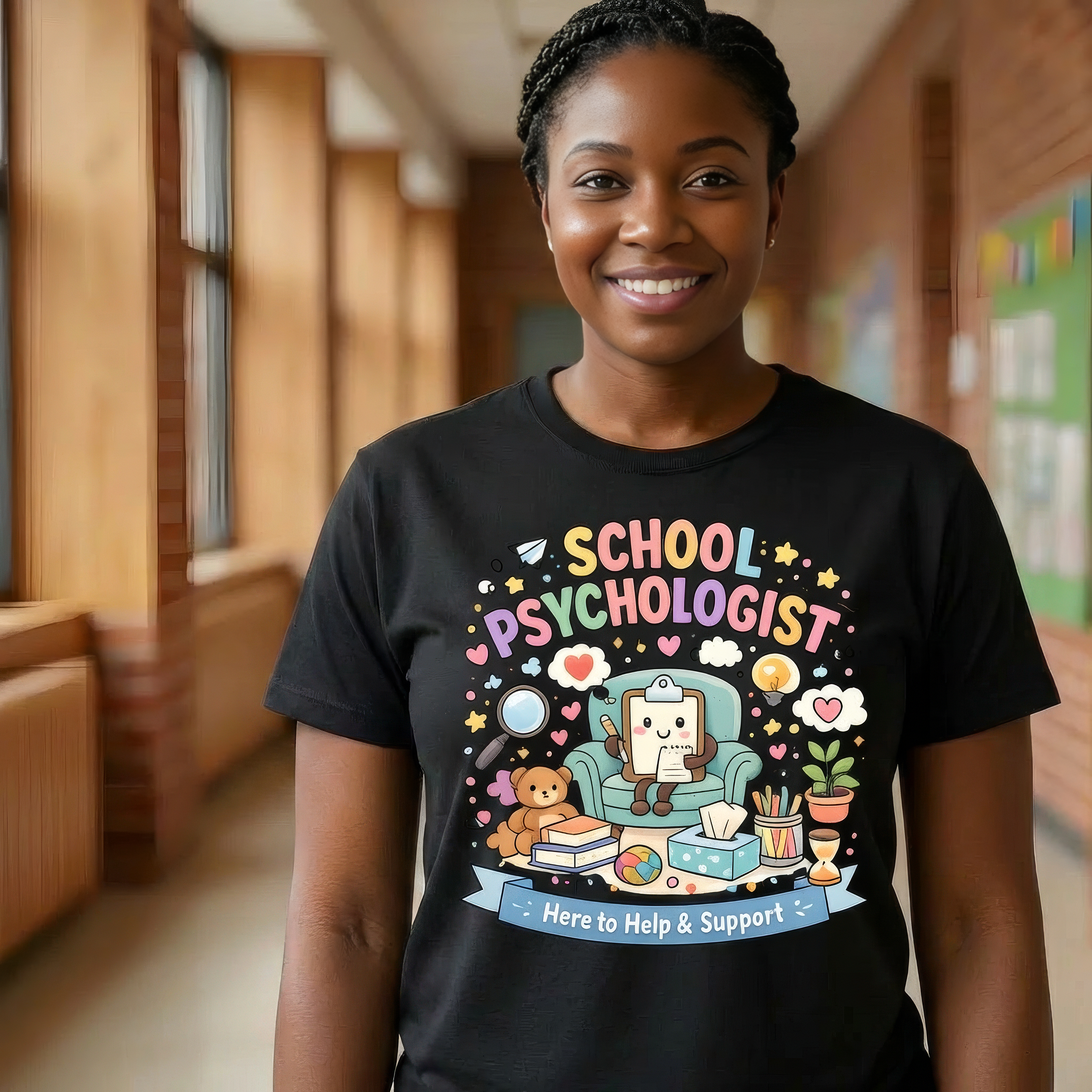 Black woman wearing black School Psychologist Here to Help & Support graphic t-shirt full-body front view in school hallway